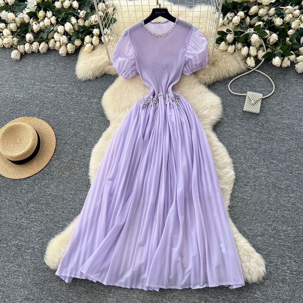 French-style heavy beaded and rhinestone embellished round neck puff sleeve dress - women's  summer cinched waist elegant pleated maxi dress