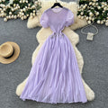 French-style heavy beaded and rhinestone embellished round neck puff sleeve dress - women's  summer cinched waist elegant pleated maxi dress