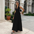 Export cross-border  summernew arrival women's pure colorv neckelegantbacklesstie back waist large swing dress for women
