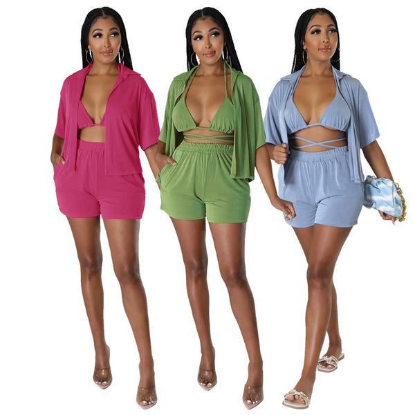 9806 Cross-border European and American  Sexy Shirt Jacket Casual Shorts Set Beach Wind Summer Two-piece Set