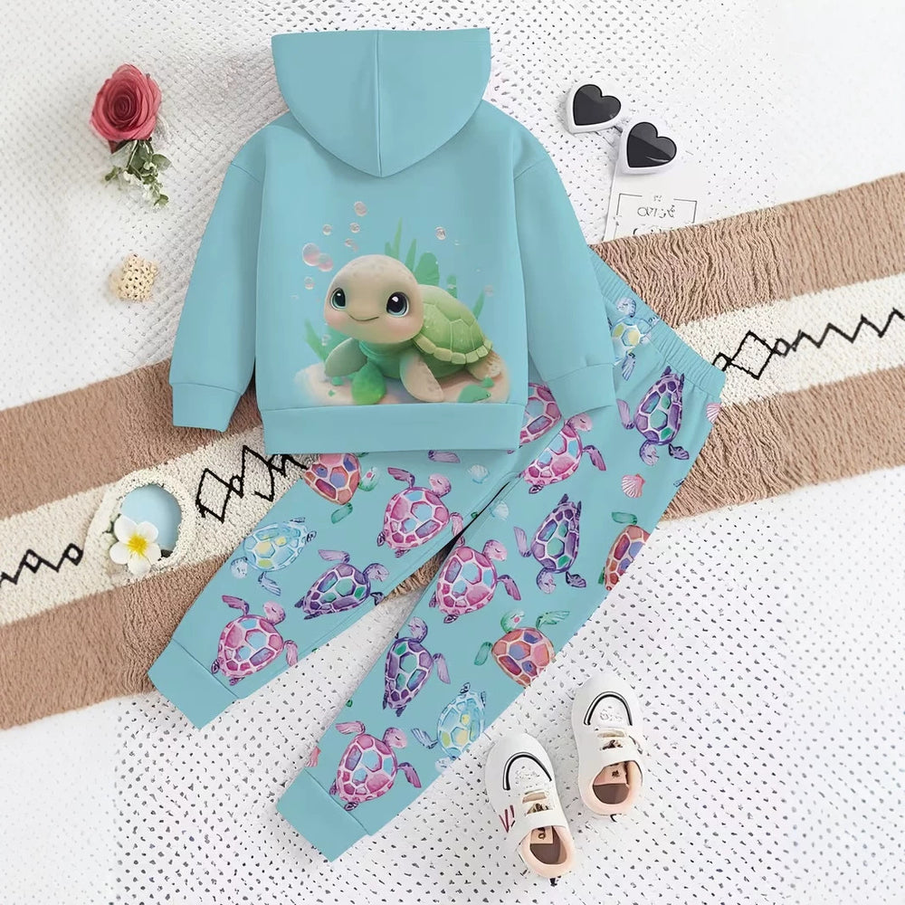 Kids' hoodie set, cross-border hot seller, trendy printed girls' fashion hooded sweatshirt and sweatpants set