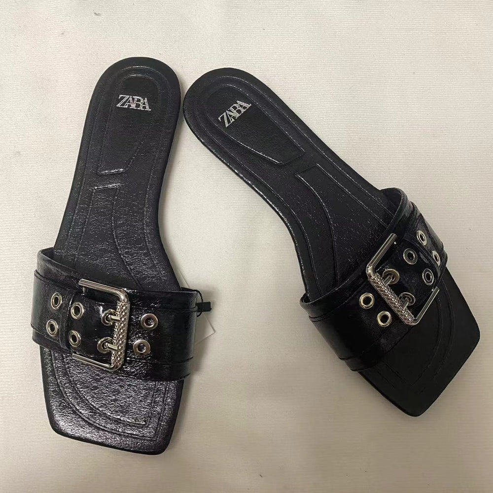 Za new 2024 women's summer sandals: versatile square buckle flat sandals - stylish and casual for everyday wear