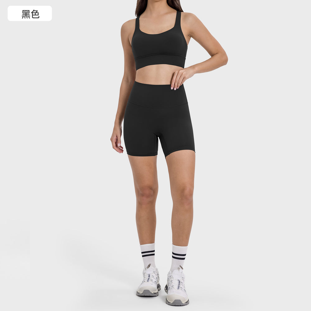 High-intensity yoga shorts set: shockproof sports bra with high-waisted, butt-lifting, no-t-back yoga shorts for women
