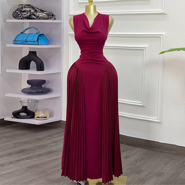 European and American women's clothing 2025 spring new sweet and fresh V-neck pleated skirt high waist pleated dress long dress