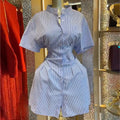 European and american cross-border women's fashion:  spring new arrival - elegant and stylish blue striped slim-fit short-sleeve shirt dress
