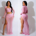 C6861 cross-border   fashion women's solid color mesh rhinestone long sleeve maxi dress two-piece set
