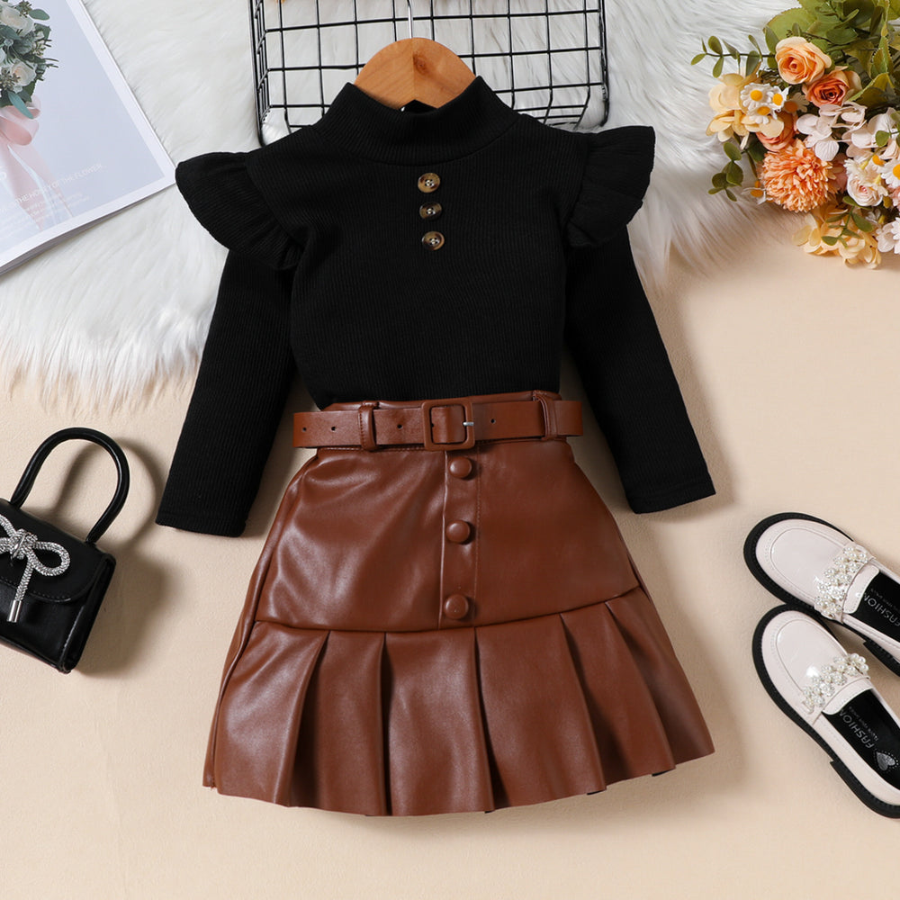 fashion girls' solid color high neck long sleeve top + pu leather pleated skirt + belt three-piece set