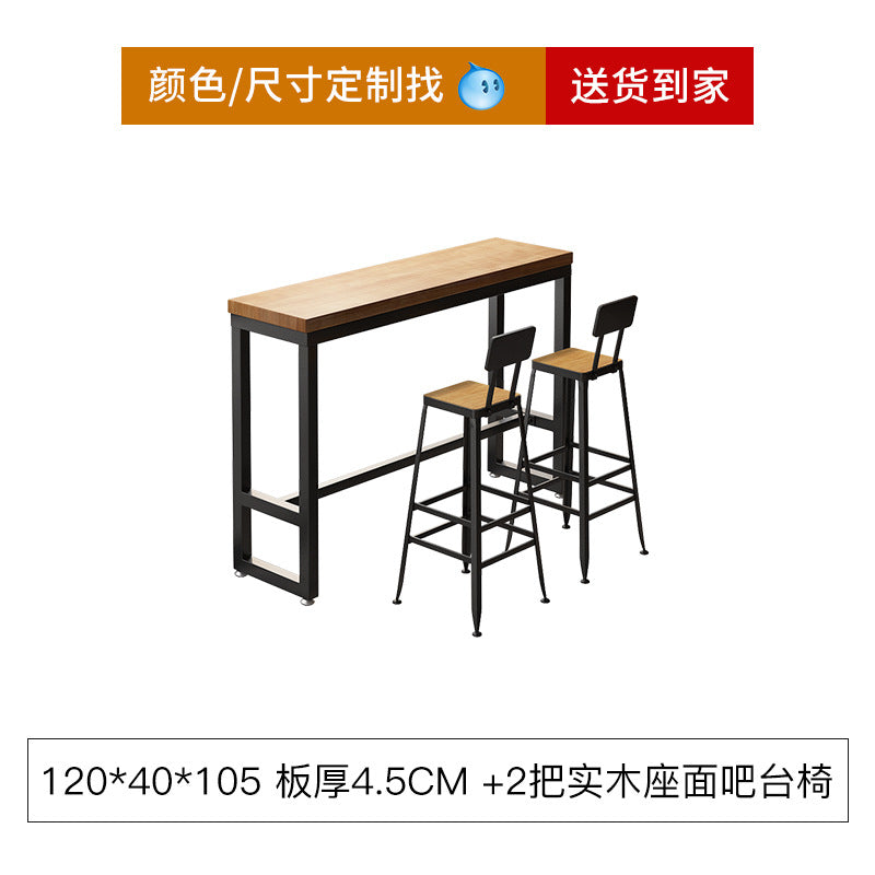 Bar table and chair combination Industrial style wrought iron solid wood bar High foot milk tea shop Cake shop Narrow table against the wall
