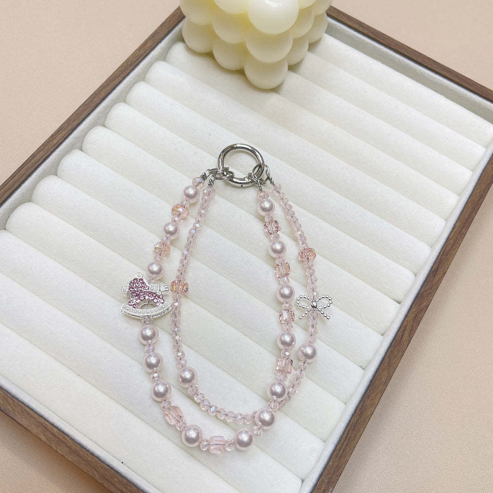 Ins style handmade pearl double chain mobile phone case lanyard creative rhinestone rocking horse pendant wrist crystal one piece dropshipping