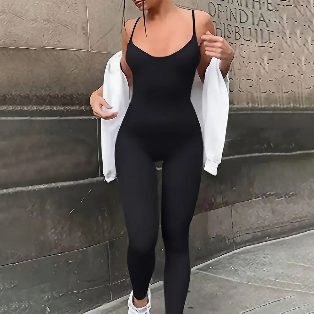 S390478 Cross-border European Women's Sexy Suspender Vest Skinny Halter Jumpsuit Yoga Suspender Jumpsuit