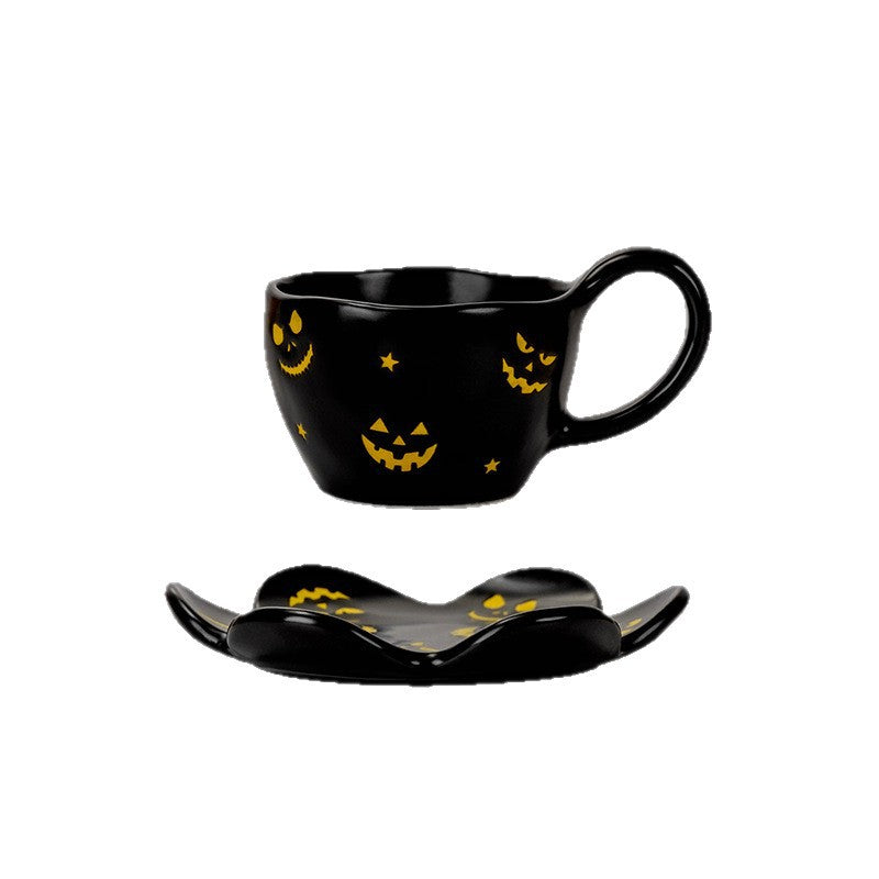 Creative halloween-themed ceramic cup and saucer set, featuring an irregular design with pumpkin and bat motifs. perfect for coffee or tea