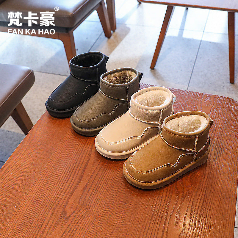 Kids large cotton snow boots autumn winter boys fleece-linedheattech cotton shoes girlsthickenedchildren's pure color short boots