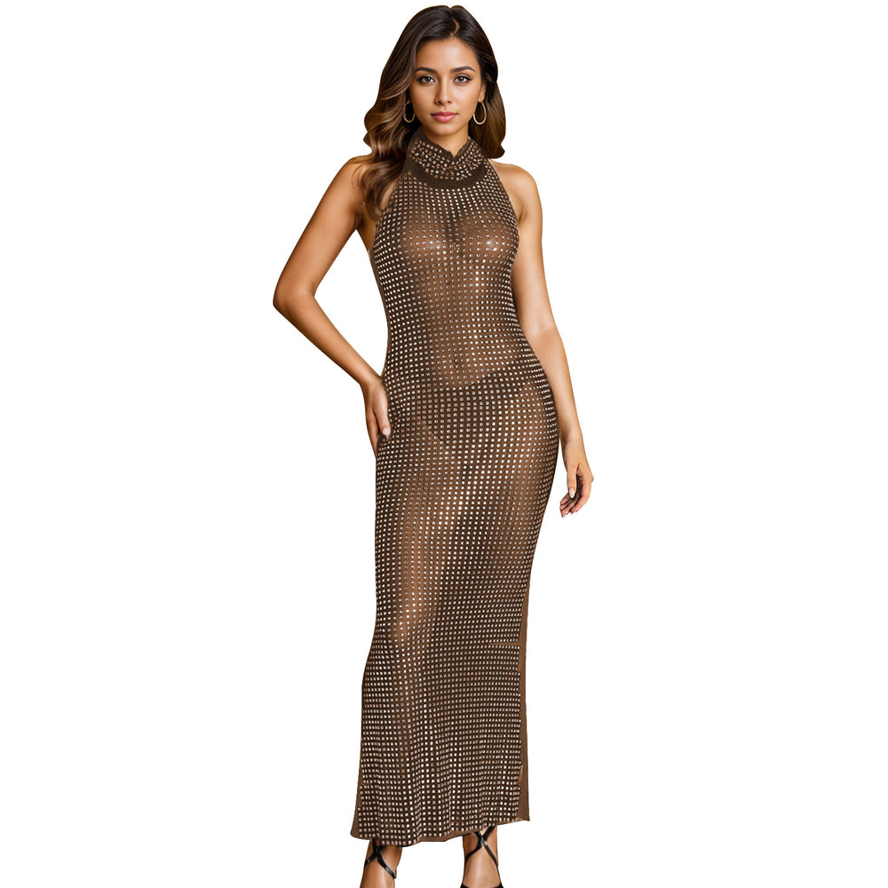 C7077 cross-border   independent station fashionable women's hot diamond v neck sleeveless dress length
