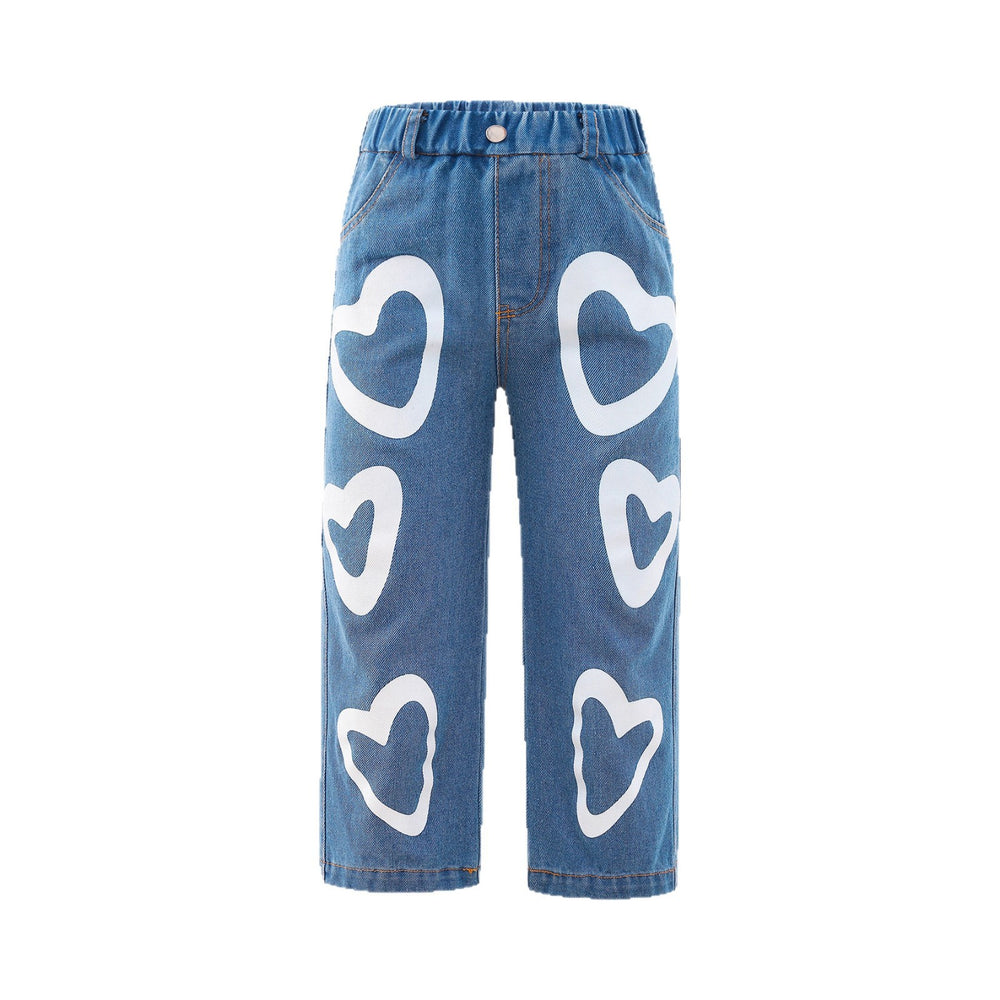 Girls' straight-leg denim pants - blue, heart print, high-waisted wide-leg trousers for kids ages 4-8