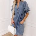 European and american style women's drawstring bubble short sleeve blue denim dress with turn-down collar - washed, non-stretch