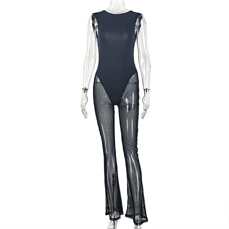 European and american style cross-border slim-fit activewear women's round neck sheer mesh bodysuit sexy solid color open back long jumpsuit