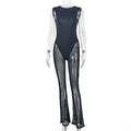 European and american style cross-border slim-fit activewear women's round neck sheer mesh bodysuit sexy solid color open back long jumpsuit