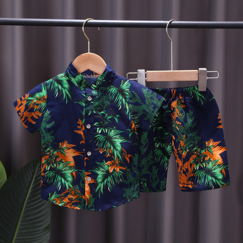 Summer boys' beach casual set - short-sleeve printed shirt + shorts two-piece wholesale