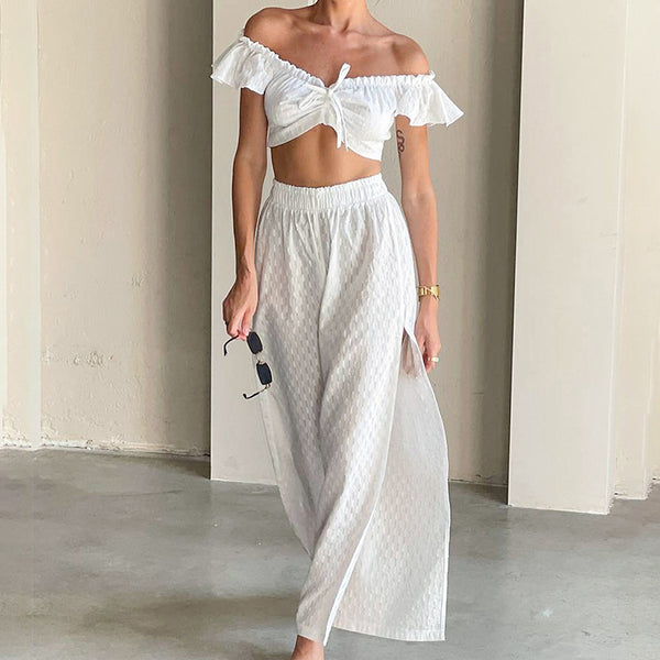 White jacquard hollow lotus leaf edge flying sleeve split end sexy suit 2024 spring and summer new commuter two-piece set women
