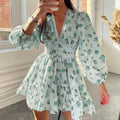 cross-border e-commerce women's fashion: european and american summer new arrivals - elegant and sweet printed v-neck lace mini dress