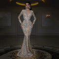 2025 new european and american style cross-border dress - gold foil long sleeve slim fit sexy mermaid train evening gown