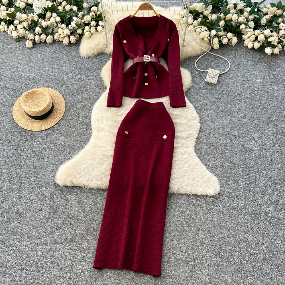 French chic high-end women's autumn set: tie-waist knit top with metal buckle & high-waisted bodycon midi skirt