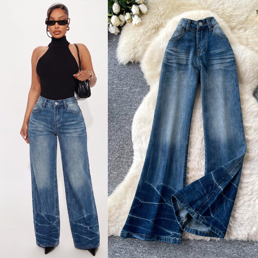 American retro high-waisted wide-leg jeans for women,  summer collection: loose fit, slimming, slightly flared, unique design