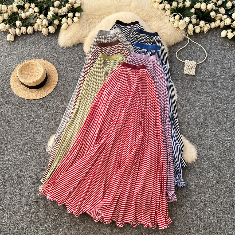 Korean style high-waisted a-line striped patchwork midi skirt - new 2025 collection, versatile striped design with a flowy drape