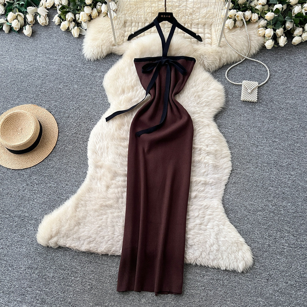 Korean style halter neck sweet & spicy girl knitted dress - women's summer bow-tie bodycon skirt - sexy vacation vibe