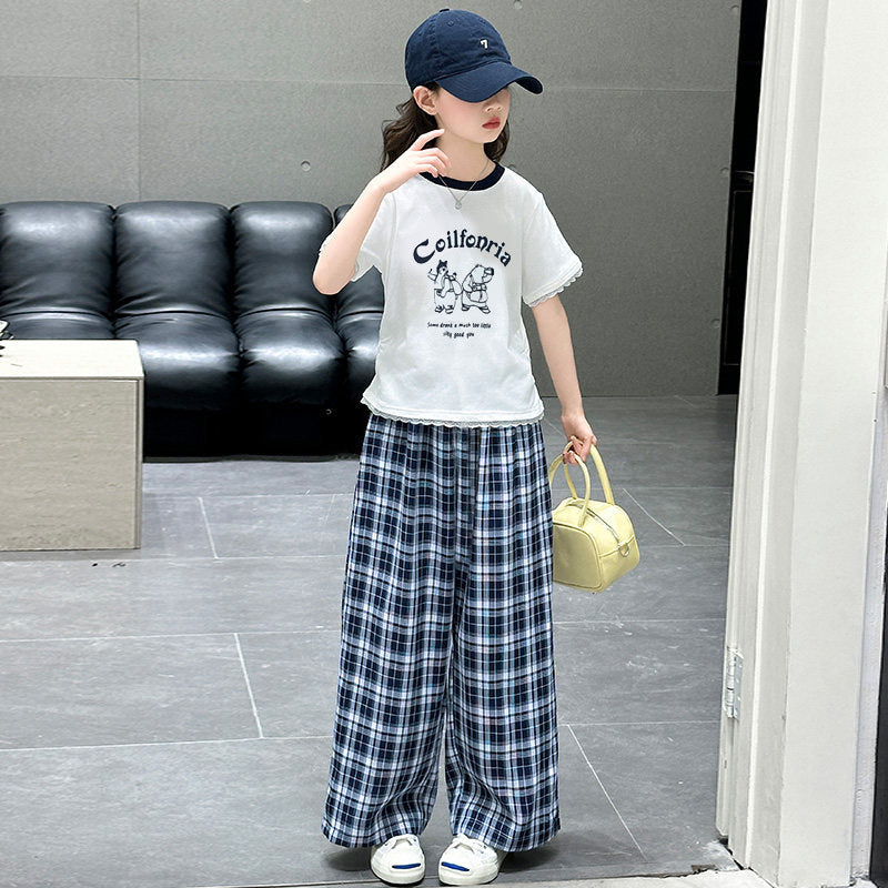 summer new arrival: kids' short-sleeve plaid pants two-piece set - children's cartoon letter lace-trimmed short-sleeve casual outfit