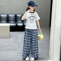 summer new arrival: kids' short-sleeve plaid pants two-piece set - children's cartoon letter lace-trimmed short-sleeve casual outfit