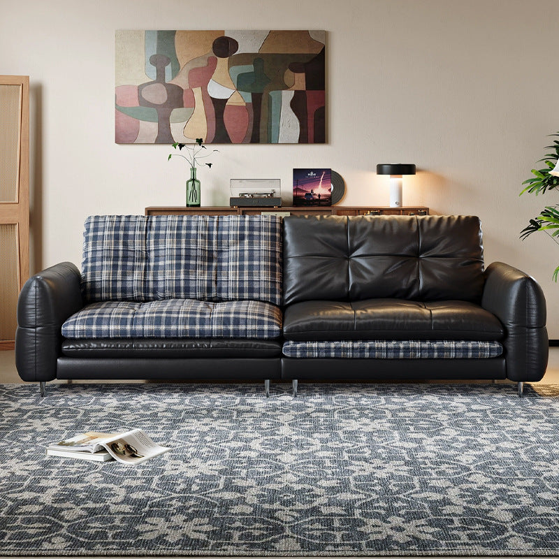 Double-sided genuine leather sofa, small apartment leather and fabric combination, removable and washable hamburger sofa, down-filled, vintage-style oil-waxed leather sofa