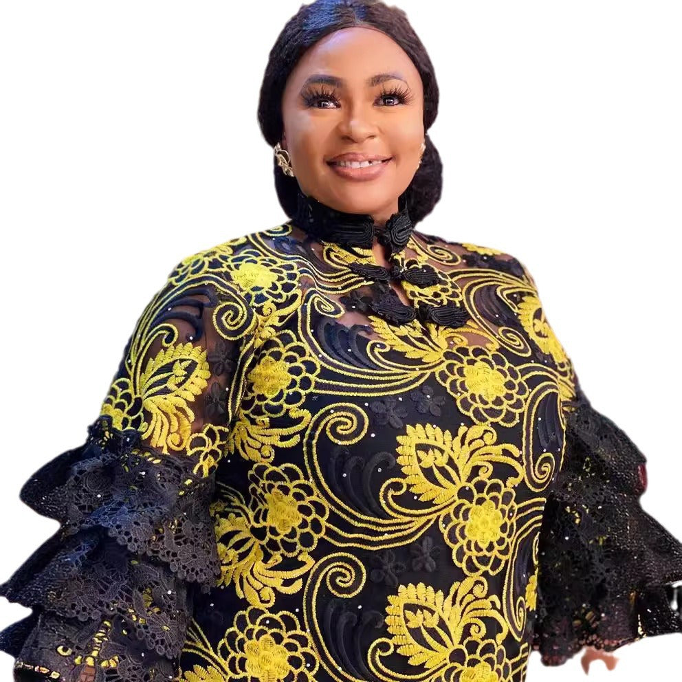 African women's lace robe - cross-border supply, elegant commute style, embroidered cake sleeves, loose fit maxi dress