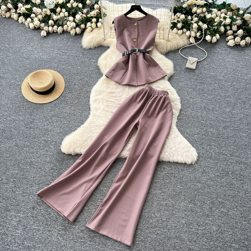 Accessible luxury british classy sense royal sister suit women's summer belt sleeveless tops + elastic waist drapedilm long pants