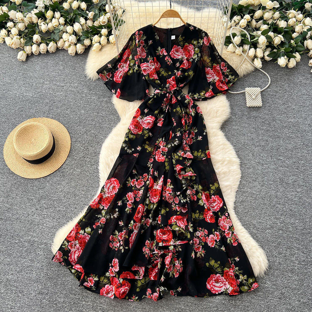 French chic high-end women's summer dress - elegant, figure-flattering, asymmetrical ruffle hem, floral chiffon maxi dress