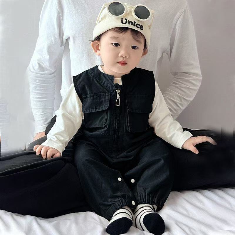 Baby boys' and girls' spring/autumn workwear pocket lightweight overalls two-piece set - stylish and minimalist outerwear spring/autumn outfit