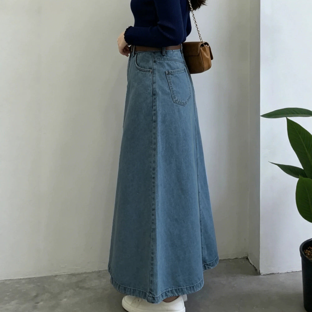 Vintage blue washed midi skirt - women's high-waisted a-line denim skirt - casual, versatile, slimming, non-stretch maxi skirt