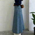 Vintage blue washed midi skirt - women's high-waisted a-line denim skirt - casual, versatile, slimming, non-stretch maxi skirt