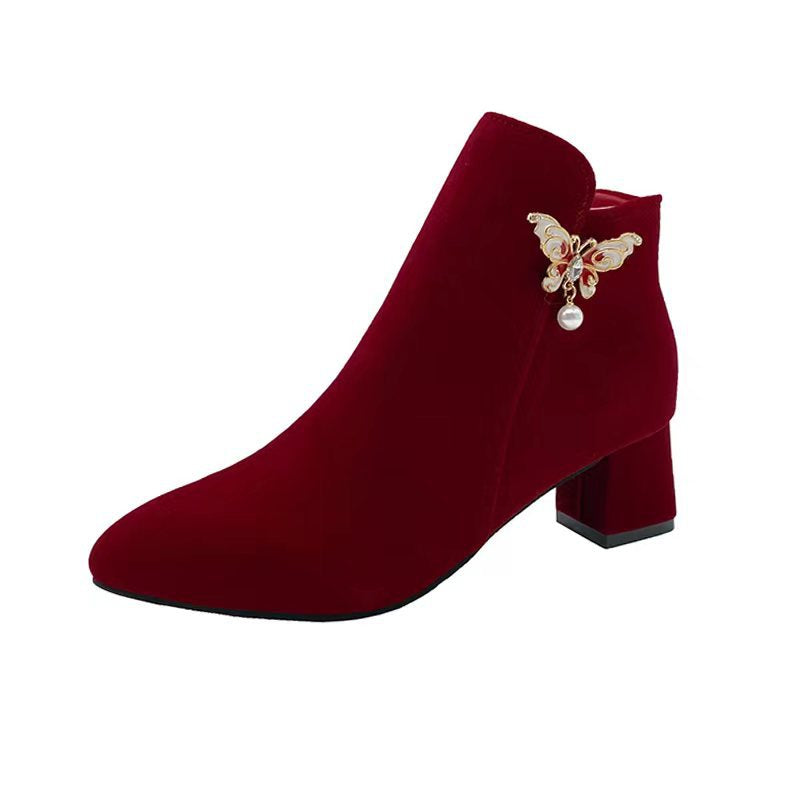 Winter wedding shoes women's burgundy chinoiserie xiuhe wedding dress two wear pearl thick heel bridal shoes fashionbows single boots