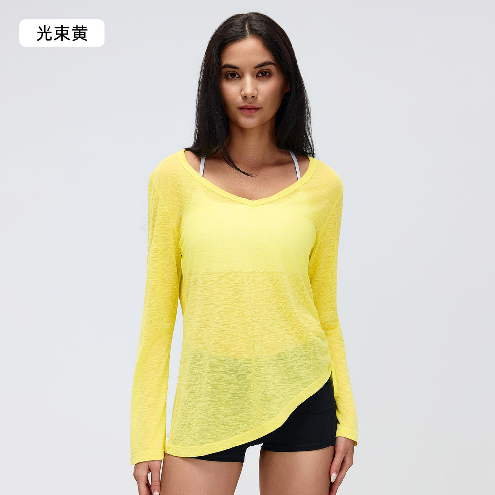 Loose-fit women's long-sleeve sports top - v-neck drawstring waist slimming yoga shirt - casual fitness long-sleeve tee d26100