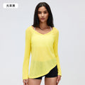 Loose-fit women's long-sleeve sports top - v-neck drawstring waist slimming yoga shirt - casual fitness long-sleeve tee d26100