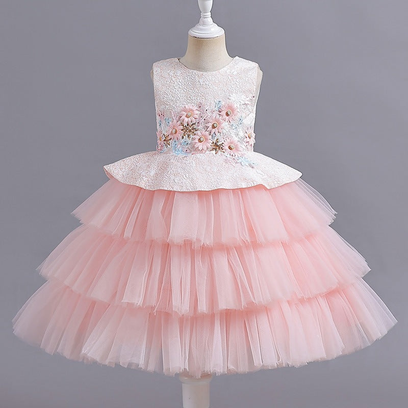 Cake skirt dinner princess skirt mesh flower girl dress girl dress skirt puffy host dress sleeveless short
