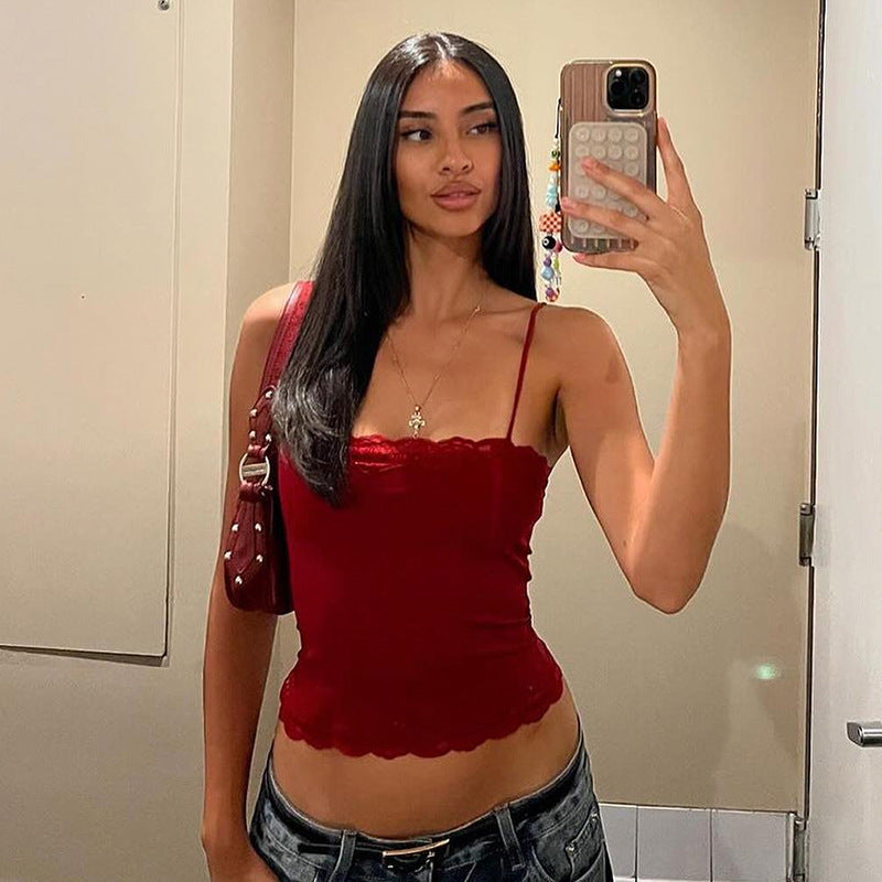 Summer American Spice Girl Lace Suspender Top One-word Skinny Short Tube Top Sexy Basic Versatile Vest