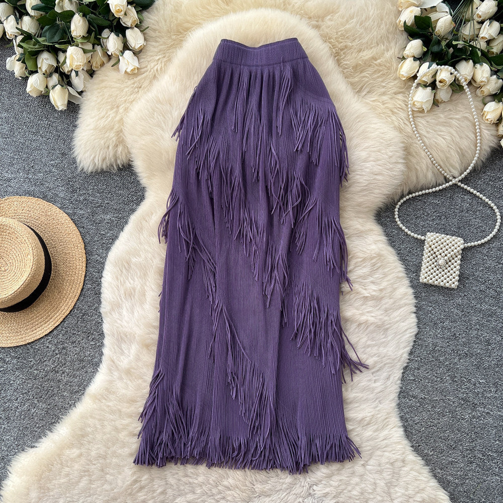 Korean style tassel trim a-line midi skirt - women's 2026 summer high-waisted commute chic tassel skirt