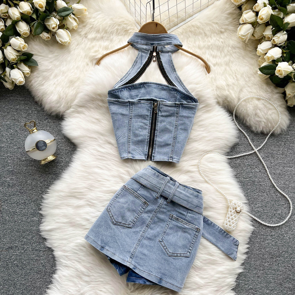 Street style hot girl denim set - women's new summer retro hong kong style halter crop top & mini skirt two-piece outfit