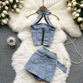 Street style hot girl denim set - women's new summer retro hong kong style halter crop top & mini skirt two-piece outfit