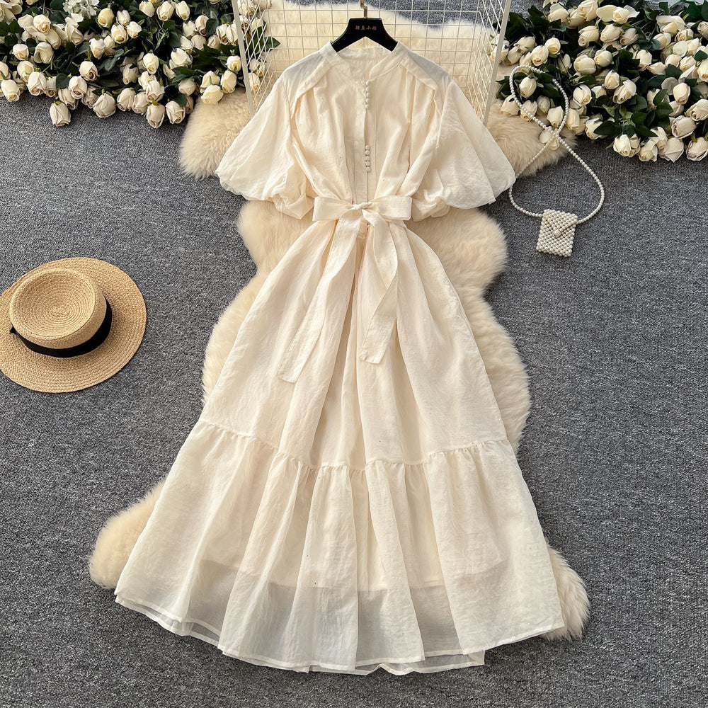 French fashion stand collar lantern sleeve tie-waist dress - slimming, elegant, sparkling ruffle hem maxi dress