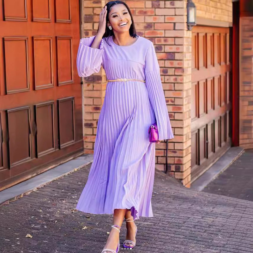 European and american cross-border women's fashion:  autumn new collection - ruffled, pleated, flared sleeve, a-line pleated dress