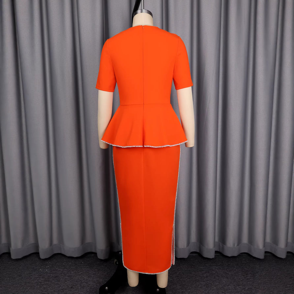 New round neck commute dress - ruffle trim knit chain detail bodycon dress