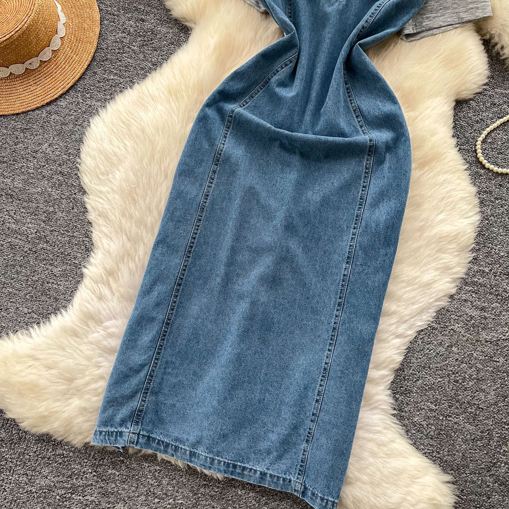 Korean style commute chic denim patchwork faux two-piece dress - women's summer short sleeve slimming a-line denim maxi dress